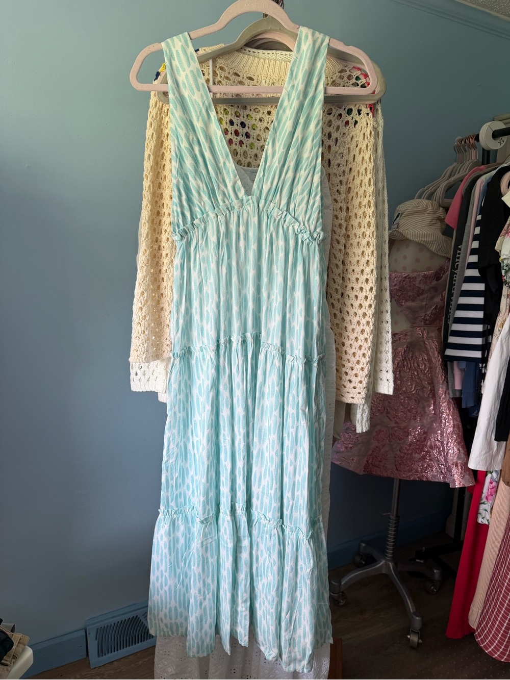 Salty Lemon Light Aqua Tiered V-Neck Maxi Dress beach nwt small